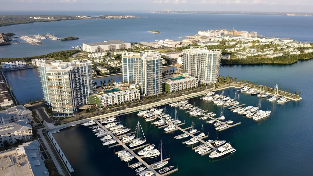 Aerial view of Marina Pointe showcasing new construction waterfront condos for sale in Tampa's Westshore Marina District, featuring modern architecture, luxury interiors, and resort-style amenities with deepwater marina access.