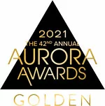 Alt text: "Logo of the 2021 Golden Aurora Awards featuring a black triangle with gold text, symbolizing excellence in new construction and design."