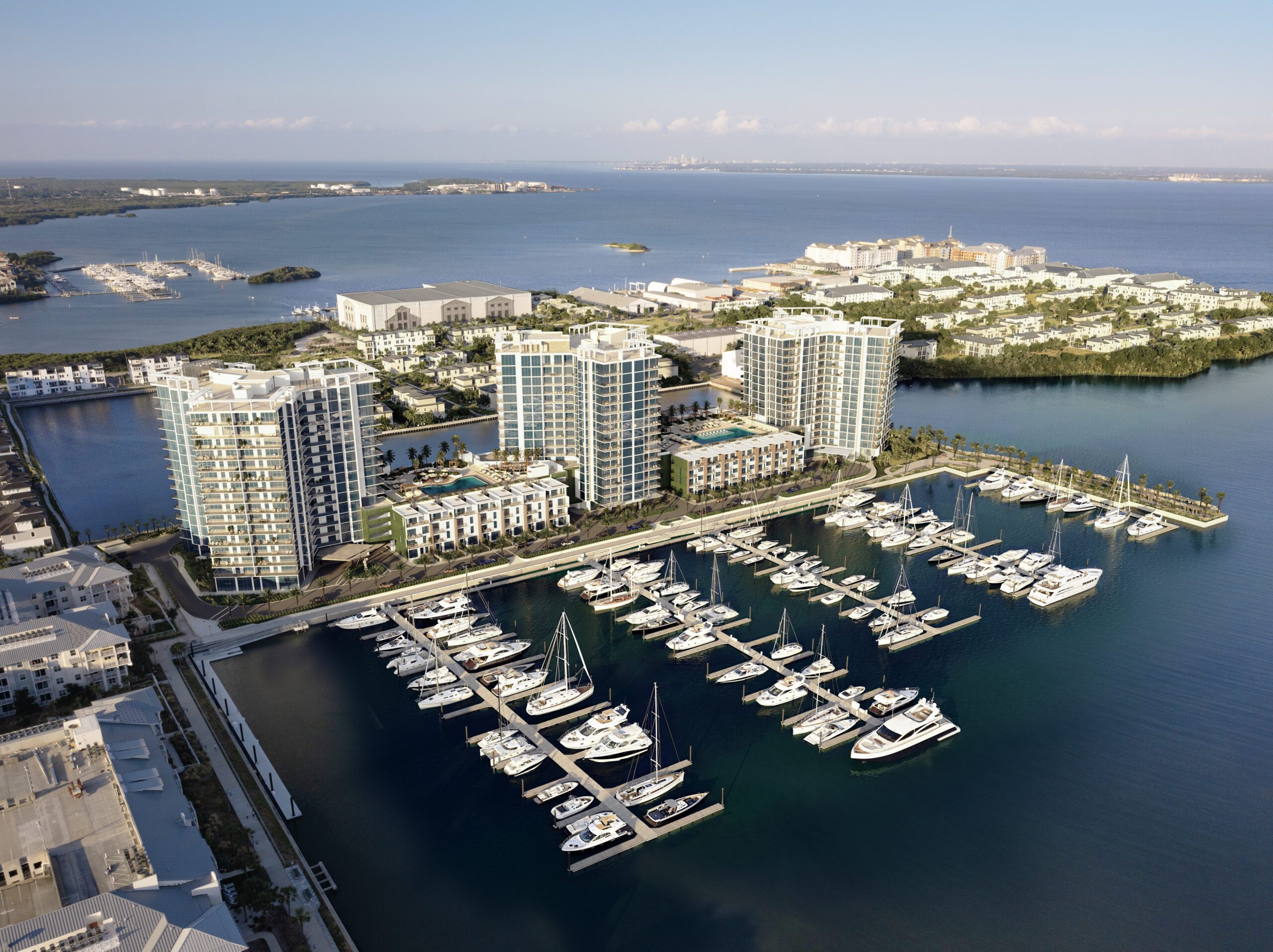 Aerial view of Marina Pointe showcasing luxury waterfront condos for sale in Tampa's Westshore Marina District, featuring modern architecture, deepwater marina access, and resort-style amenities.