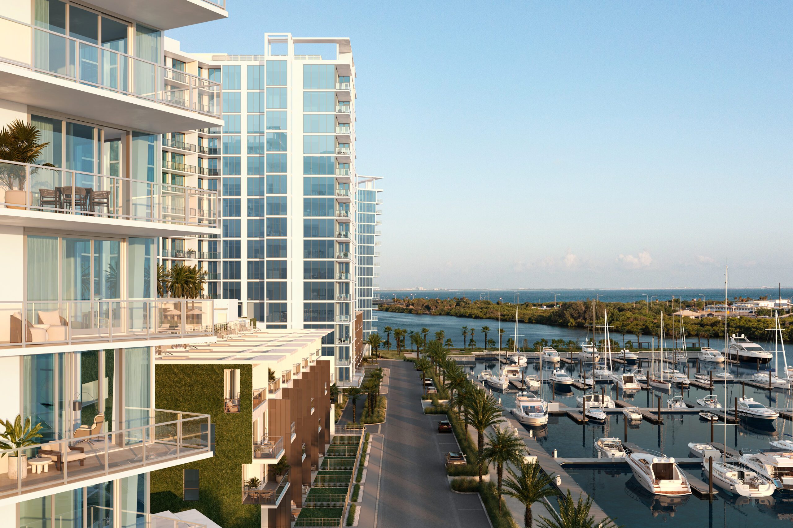View of Marina Pointe's new construction waterfront condos in Tampa's Westshore Marina District, featuring modern architecture, luxury interiors, and resort-style amenities with deepwater marina access.