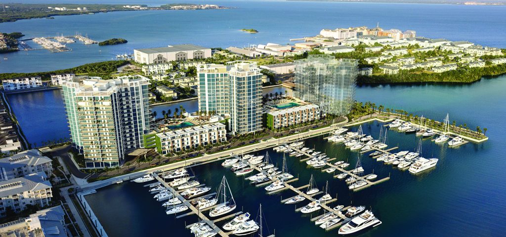 Aerial view of Westshore Marina District showing marina and waterfront residences